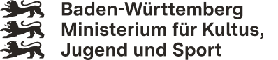 Link zum Internetauftritt des Ministeriums für Kultus, Jugend und Sport Baden-Württemberg; Logo: auf der linken Seite drei schwarze Baden-Württemberg-Löwen-Symbole untereinander, auf der rechten Seite: auf drei Zeilen verteilter Schriftzug Baden-Württemberg, Ministerium für Kultus, Jugend und Sport“ in schwarzer Fettschrift