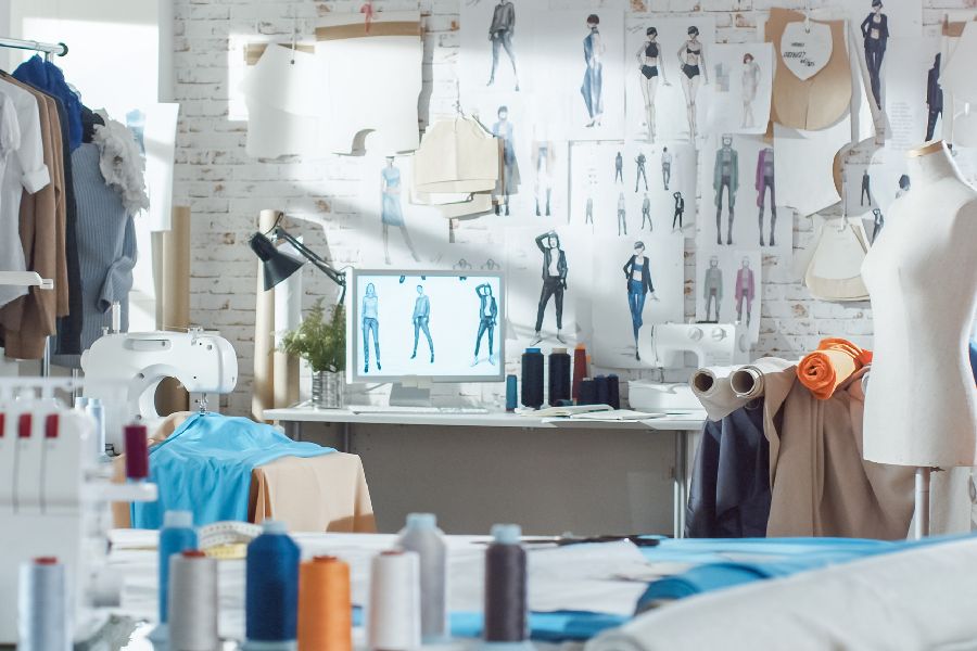 Schneiderstudio mit Schaufensterpuppen und Nähmaschine. Per Klick gelangen SIe zur Unterseite Textiltechnik und Bekleidung