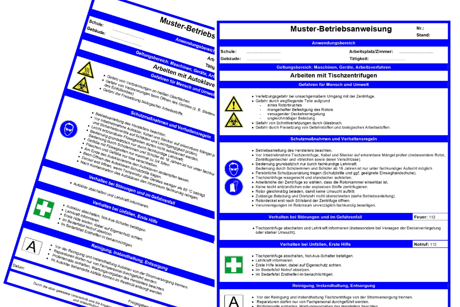 zwei Betriebsanweisungen. Per Klick gelangen Sie zur Seite Betriebsanweisung Biostoffe