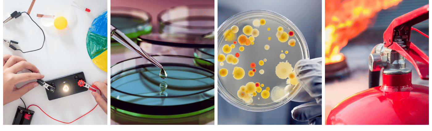 Ein viergeteiltes Bild. Erstes Bild: Kinderhände die ein Experiment vorbereiten. Zweites Bild: Petrischalen mit Pinpette. Drittes Bild: Petrischale mit Bakterien. Viertes Bild: Feuerlöscher im Einsatz.