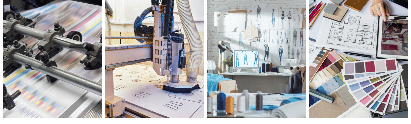 Ein viergeteiltes Bild. Erstes Bild: Druckmaschine. Zweites Bild: CNC-Maschine bearbeitet Holzplatte und fräst Teile aus. Drittes Bild: Schneiderstudio mit Schaufensterpuppen und Nähma-schine. Viertes Bild: Farbpaletten und Raumpläne mit einem Laptop.