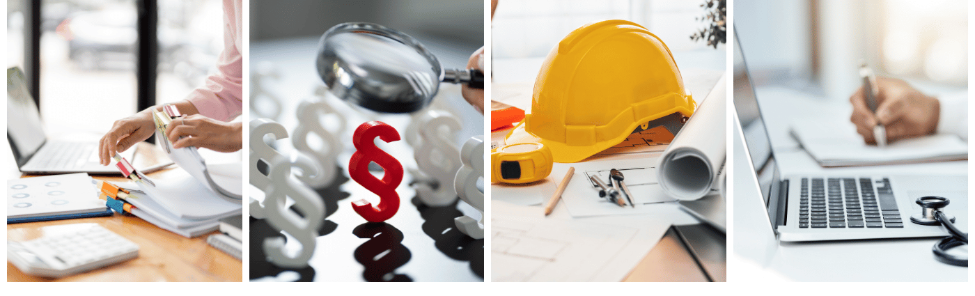 Ein viergeteiltes Bild. Erstes Bild: Schreibtisch in der Verwaltung mit Arbeitsmaterial. Zweites Bild: Viele Paragraphensymbole und eine Lupe  Drittes Bild: Baupläne und ein Abeitshelm liegen auf einem Schreibtisch  Viertes Bild: Laptop, Stethoskop und Arzt schreiben im Notizbuch