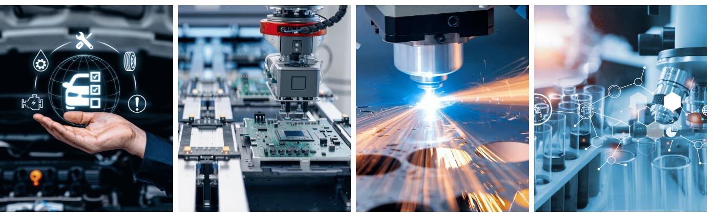 Ein viergeteiltes Bild. Erstes Bild: Autoservice in einer Werkstatt. Zweites Bild: Vollautomati-sche moderne Leiterplatten-Montagelinie. Drittes Bild: Bearbeitung und Laserschneiden von Me-tallm it CNC-Maschine . Viertes Bild: Reagenzgläser mit Mikroskop.