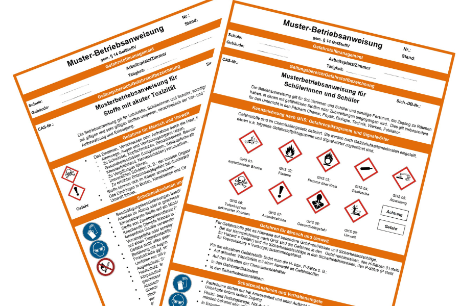 zwei Musterbetriebsanweisungen Gefahrstoffe. Per Klick gelangen Sie zur Seite Betriebsanweisungen Gefahrstoffe
